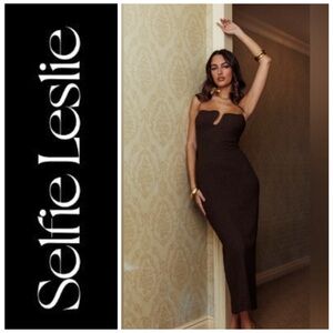 Selfie Leslie chocolate midi dress with uniquely shaped neck line